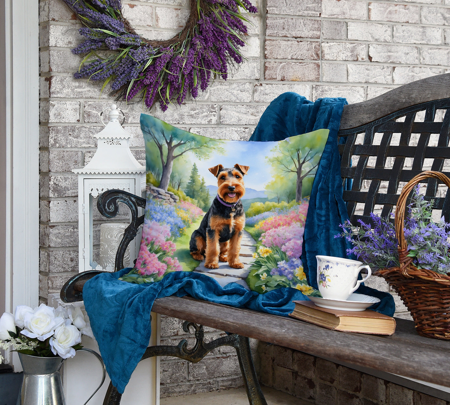 Welsh Terrier Spring Path Throw Pillow