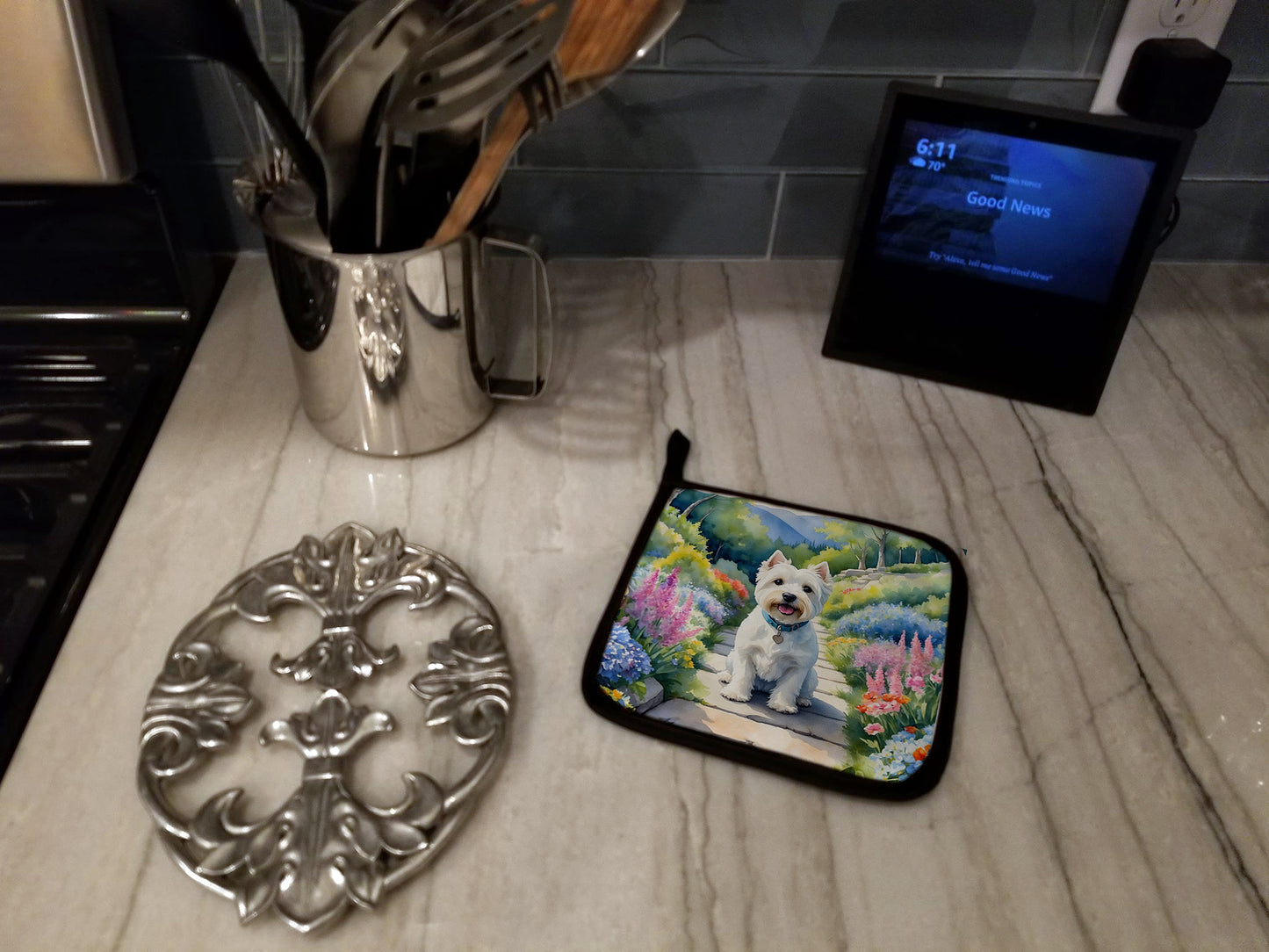 Westie Spring Path Pair of Pot Holders