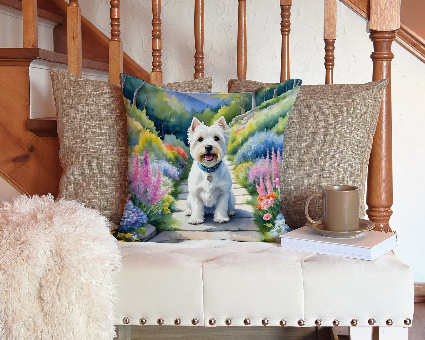 Westie Spring Path Throw Pillow