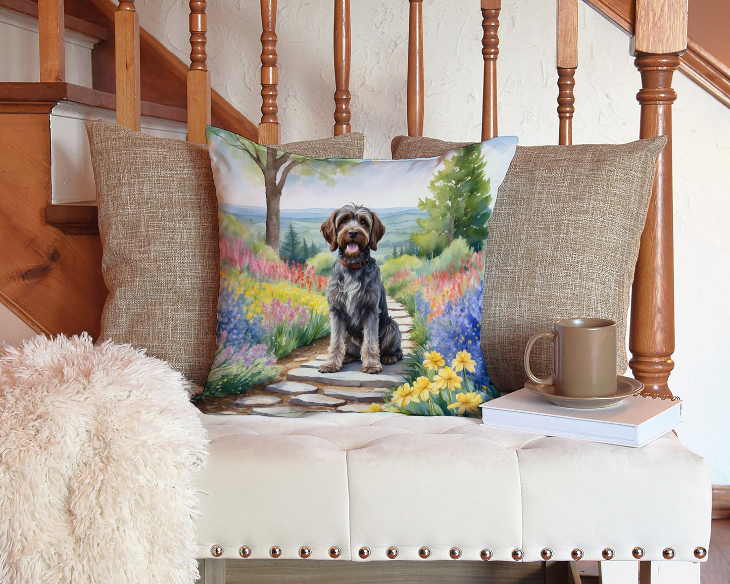 Wirehaired Pointing Griffon Spring Path Throw Pillow
