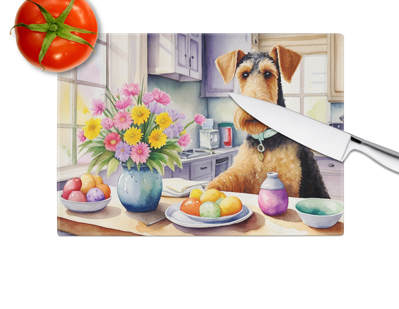 Decorating Easter Airedale Terrier Glass Cutting Board