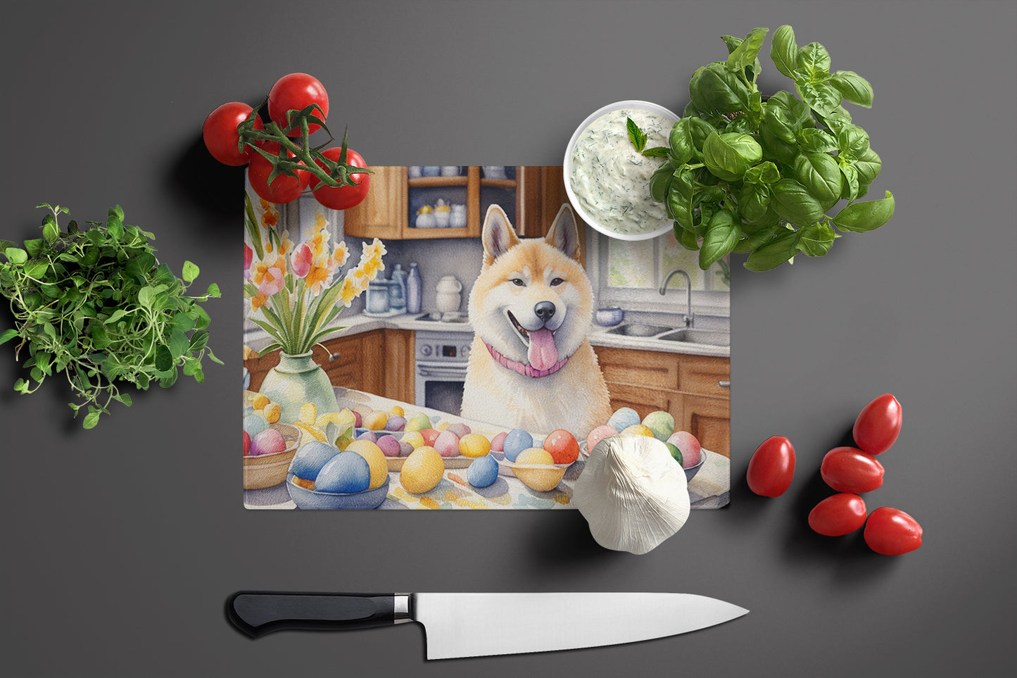 Decorating Easter Akita Glass Cutting Board