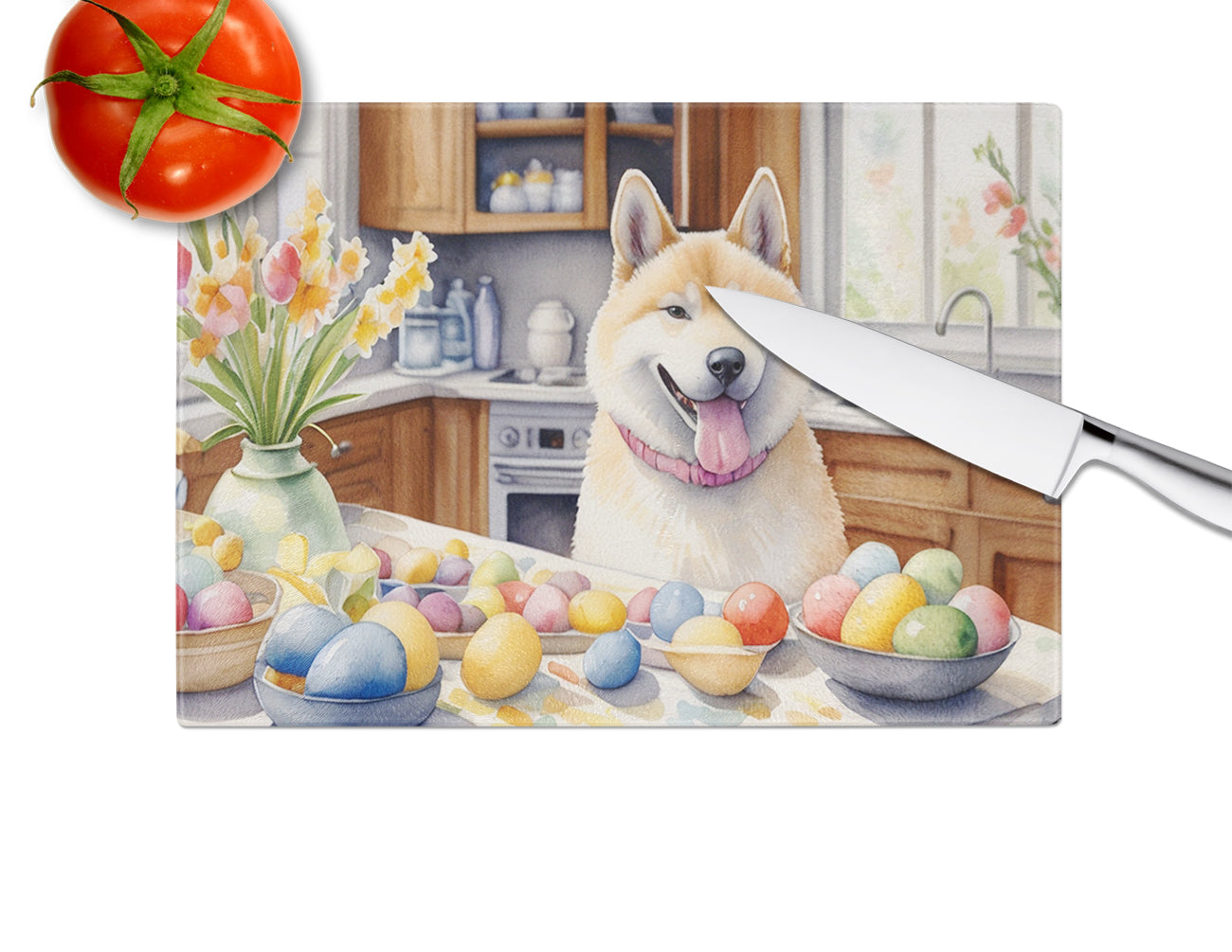 Decorating Easter Akita Glass Cutting Board