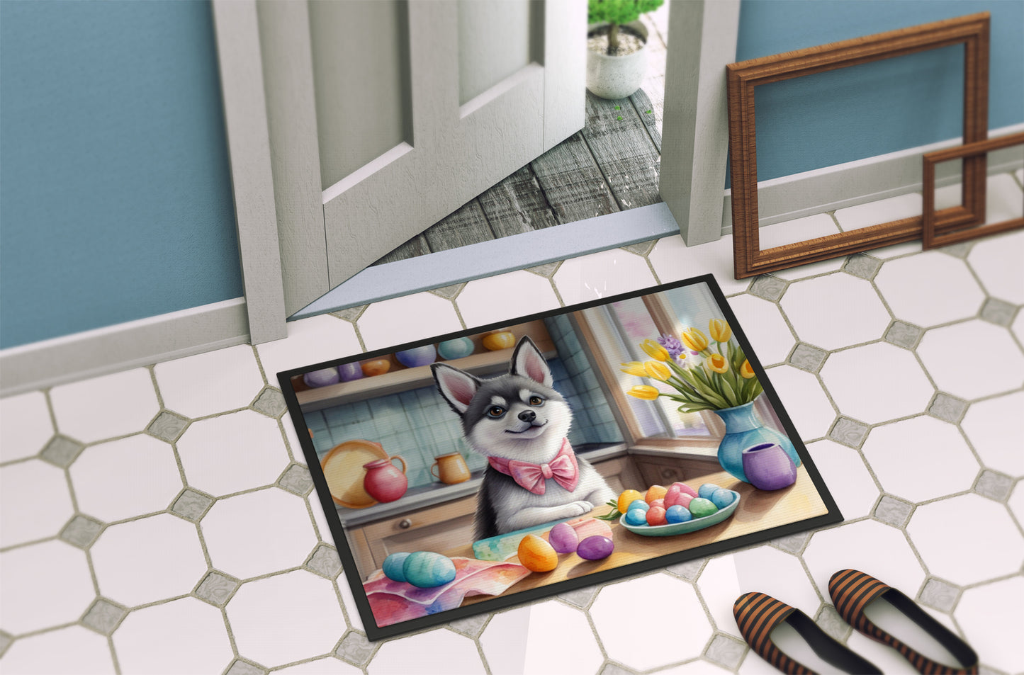 Decorating Easter Alaskan Klee Kai Doormat