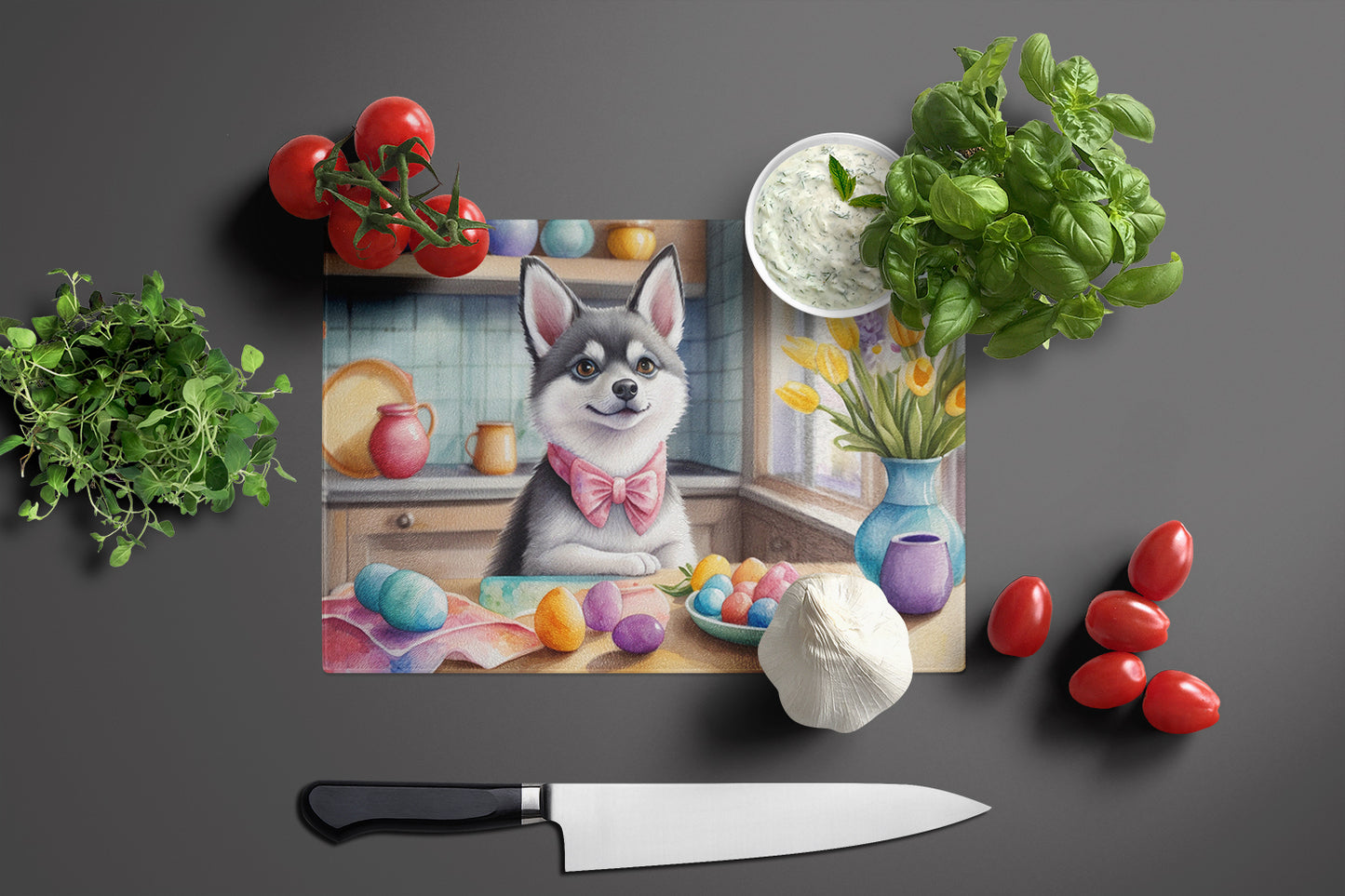 Decorating Easter Alaskan Klee Kai Glass Cutting Board