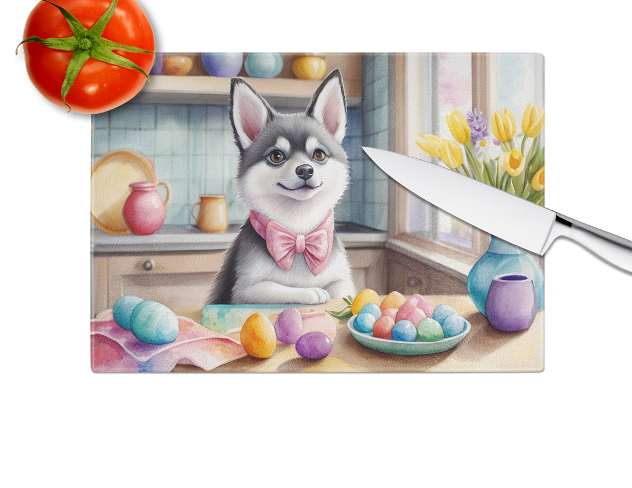 Decorating Easter Alaskan Klee Kai Glass Cutting Board