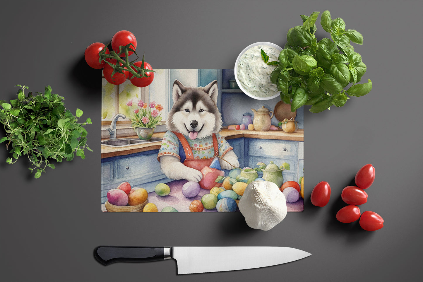 Decorating Easter Alaskan Malamute Glass Cutting Board