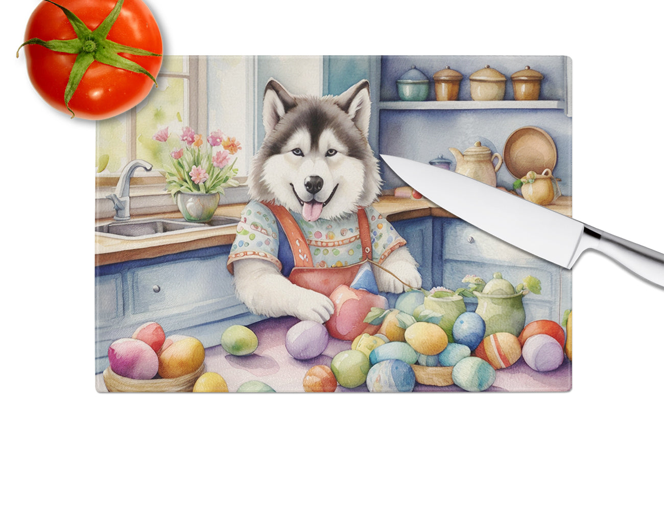 Decorating Easter Alaskan Malamute Glass Cutting Board