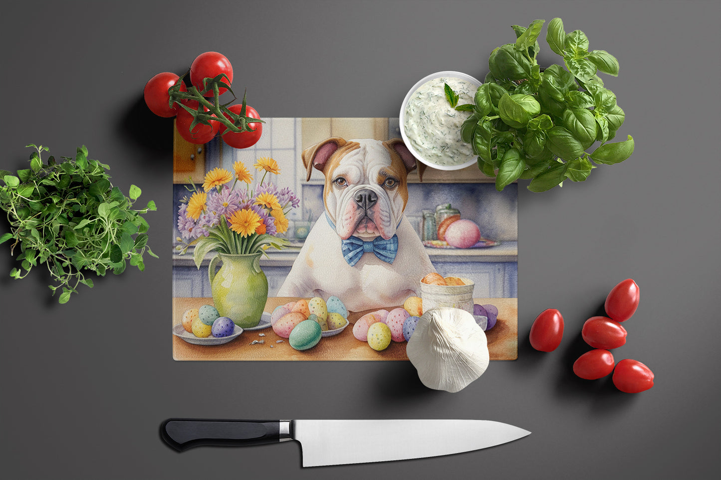 Decorating Easter American Bulldog Glass Cutting Board