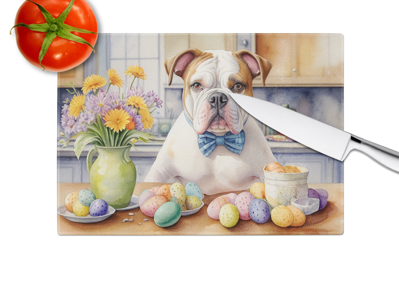 Decorating Easter American Bulldog Glass Cutting Board