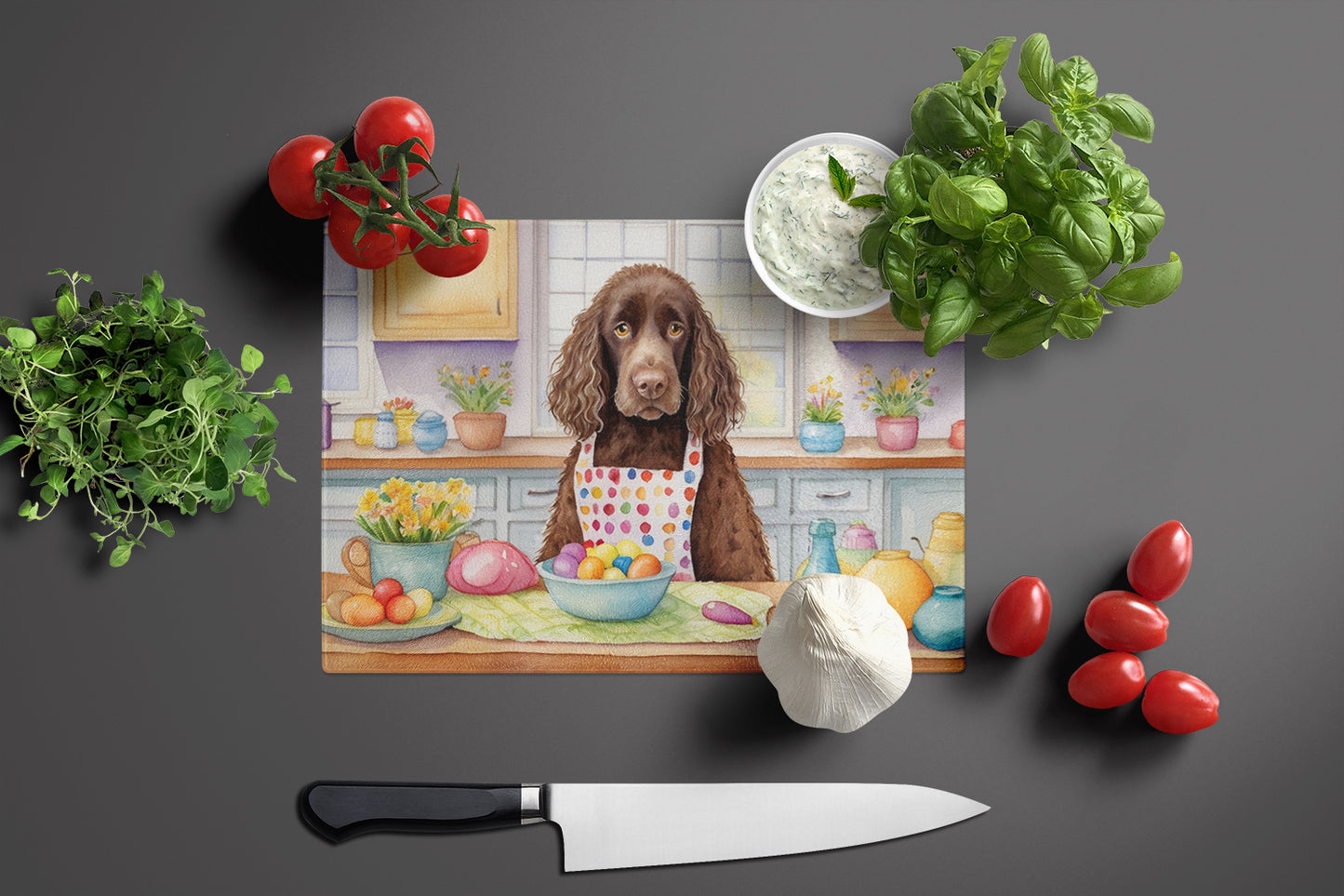 Decorating Easter American Water Spaniel Glass Cutting Board