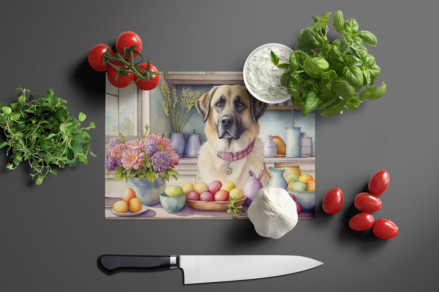 Decorating Easter Anatolian Shepherd Dog Glass Cutting Board