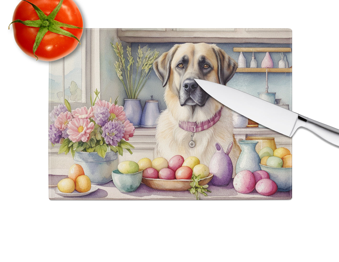 Decorating Easter Anatolian Shepherd Dog Glass Cutting Board