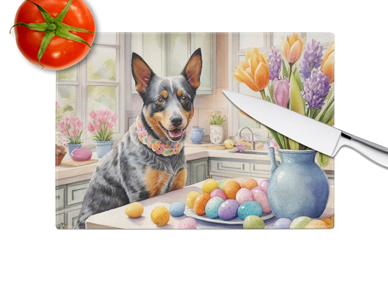 Decorating Easter Australian Cattle Dog Glass Cutting Board