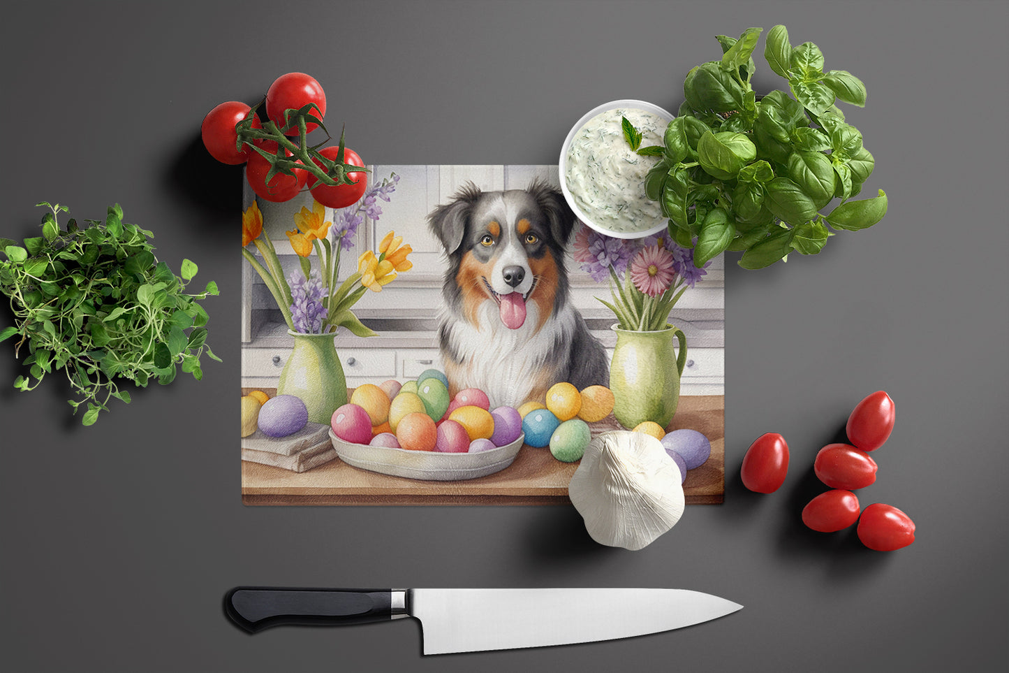 Decorating Easter Australian Shepherd Glass Cutting Board