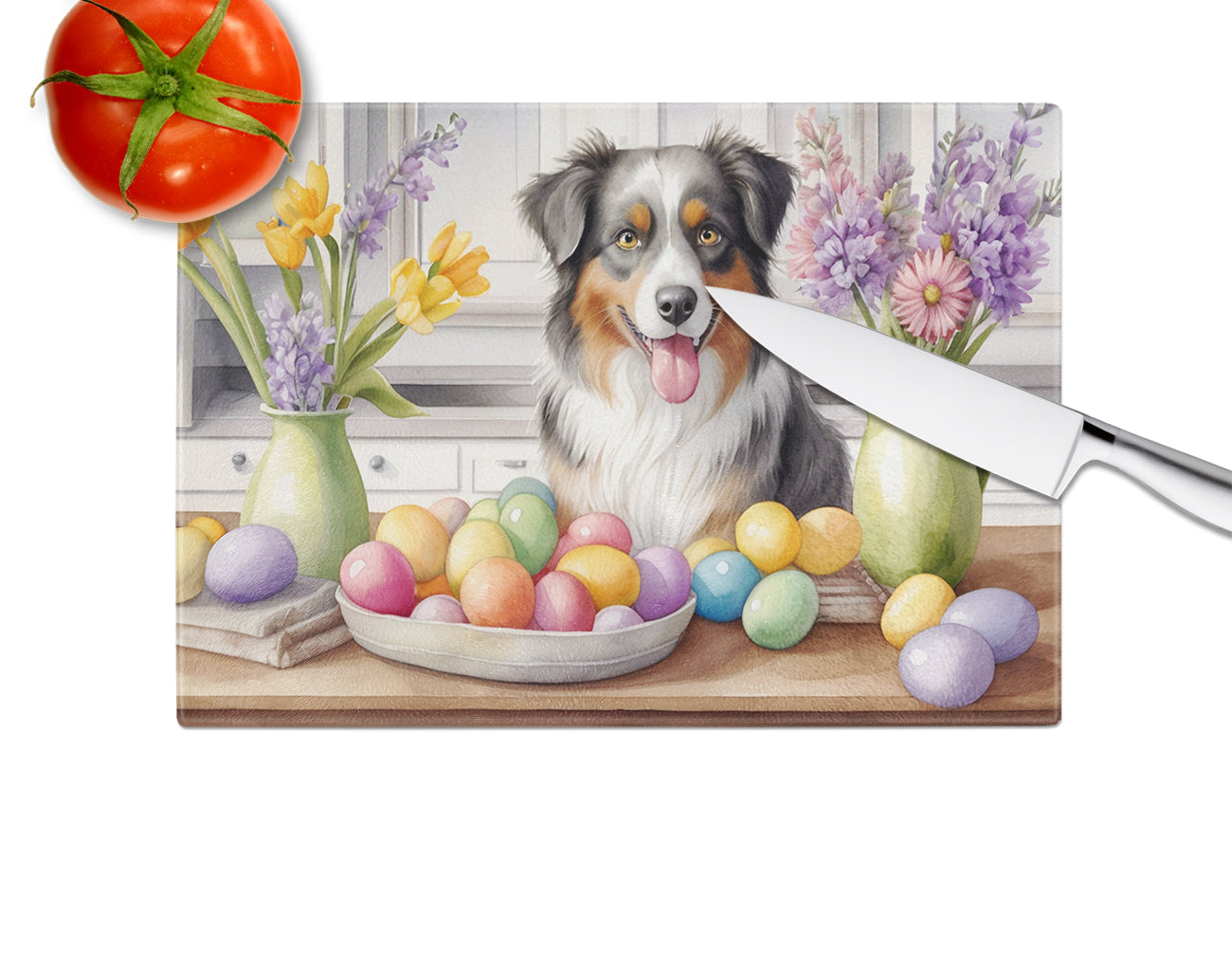 Decorating Easter Australian Shepherd Glass Cutting Board