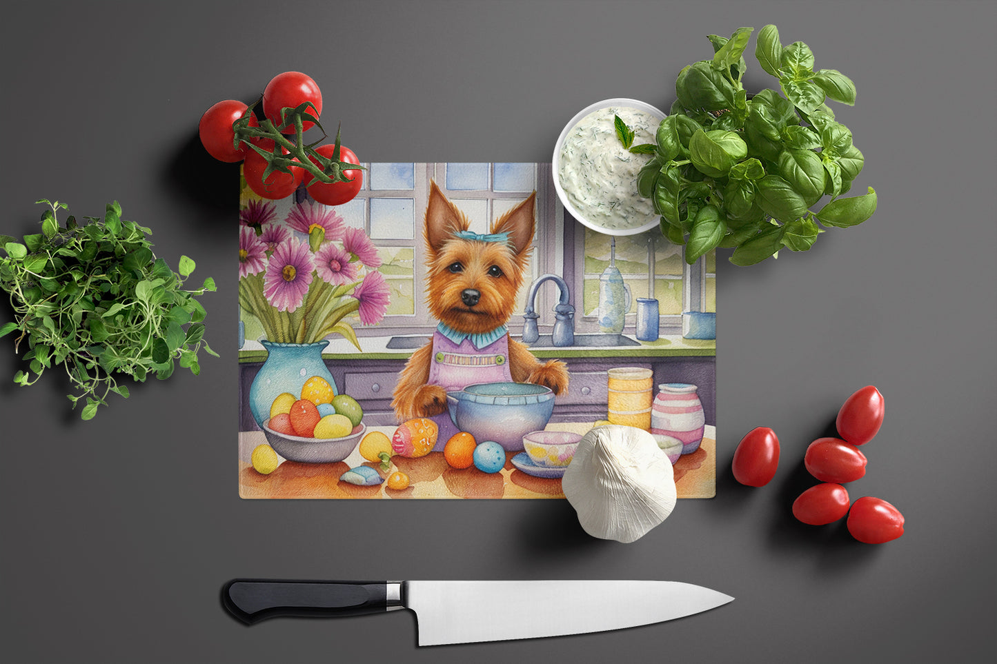 Decorating Easter Australian Terrier Glass Cutting Board