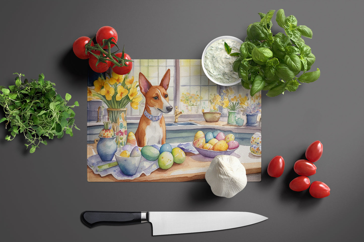 Decorating Easter Basenji Glass Cutting Board