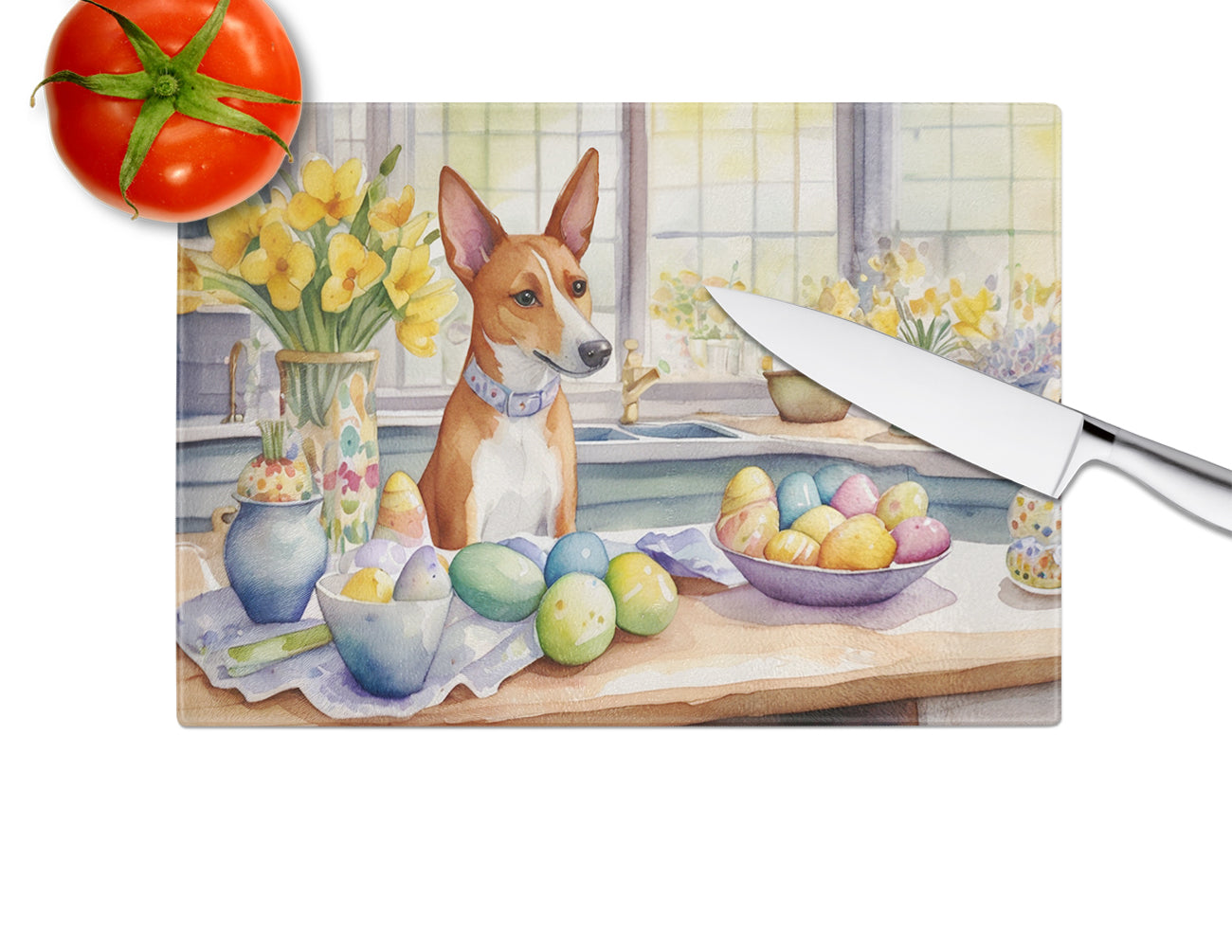 Decorating Easter Basenji Glass Cutting Board