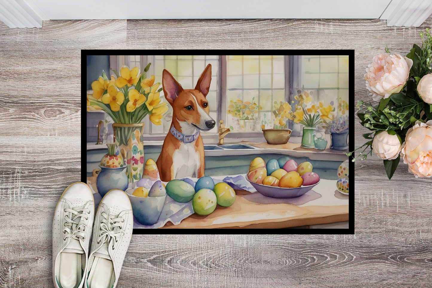 Decorating Easter Basenji Doormat