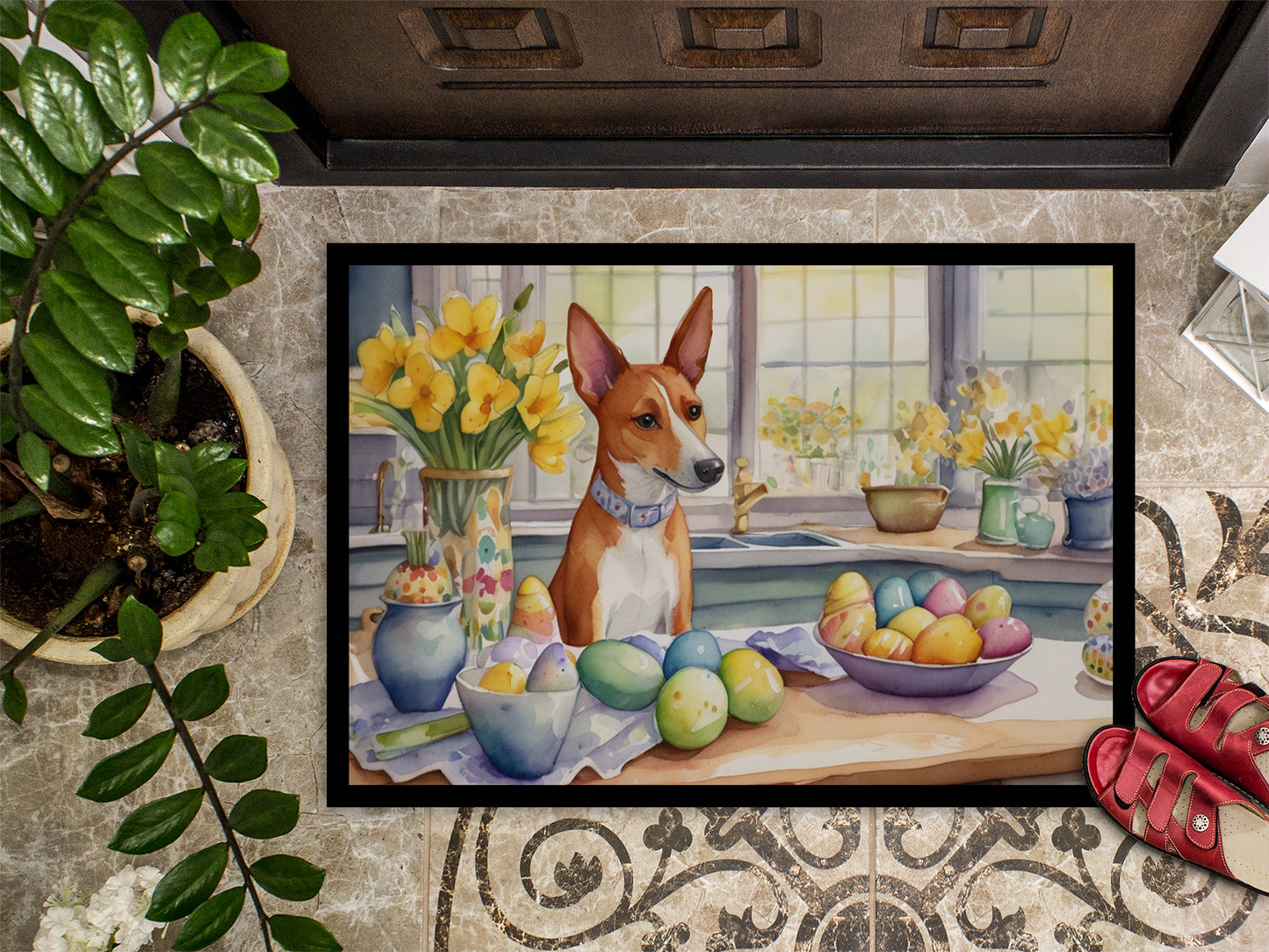 Decorating Easter Basenji Doormat