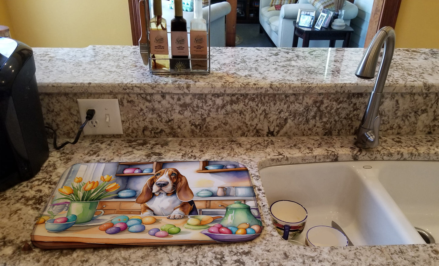 Decorating Easter Basset Hound Dish Drying Mat