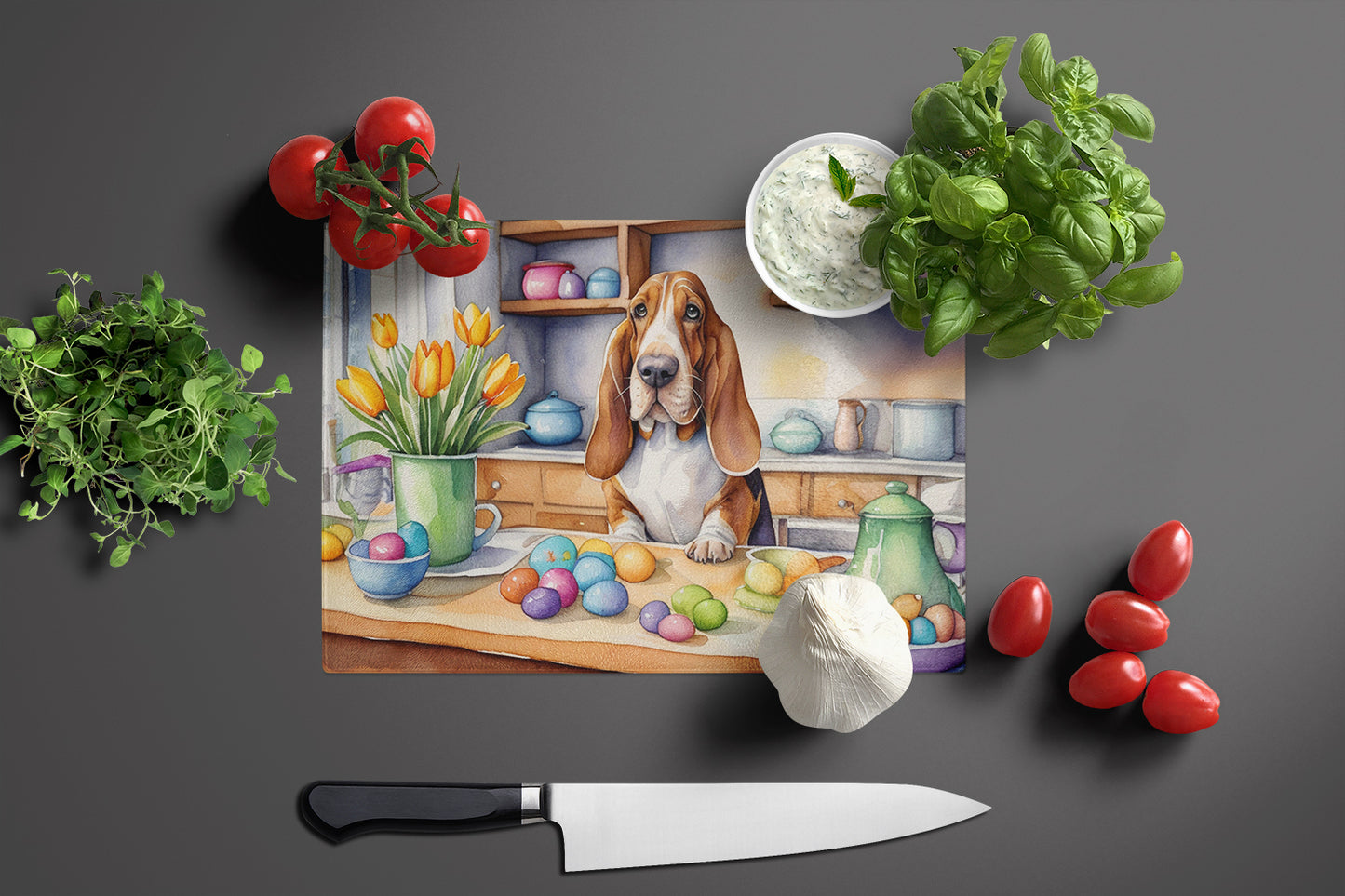 Decorating Easter Basset Hound Glass Cutting Board