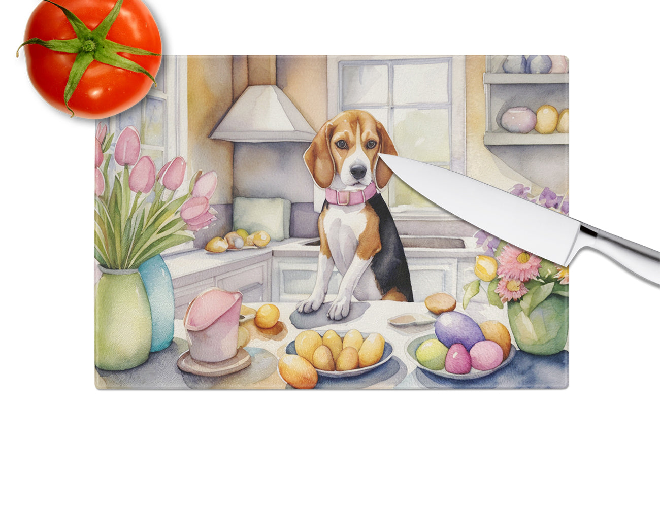 Decorating Easter Beagle Glass Cutting Board