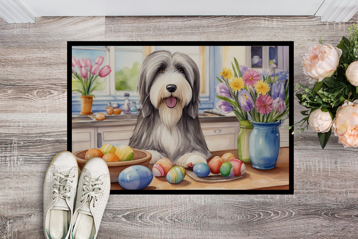 Decorating Easter Bearded Collie Doormat