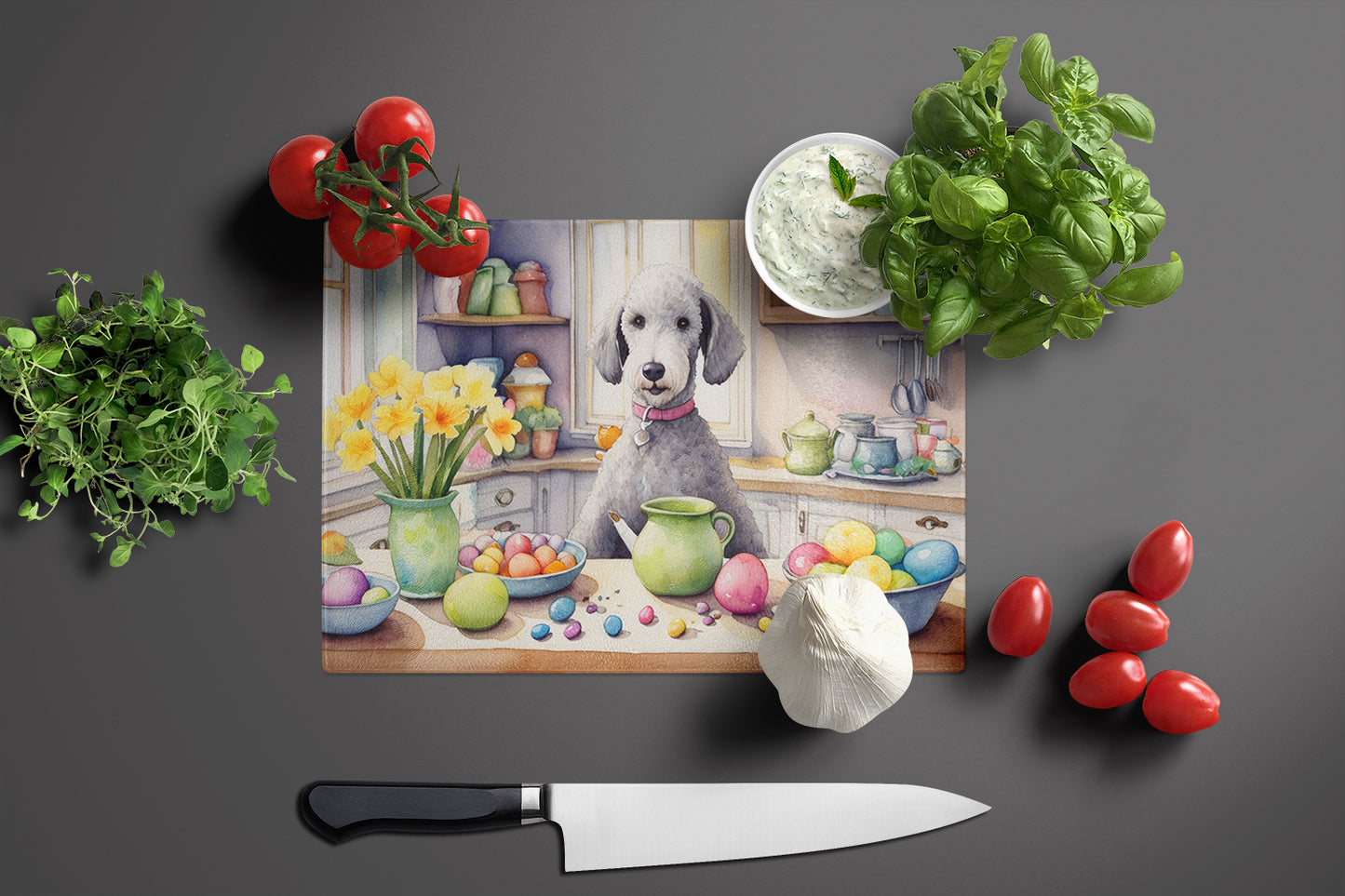 Decorating Easter Bedlington Terrier Glass Cutting Board