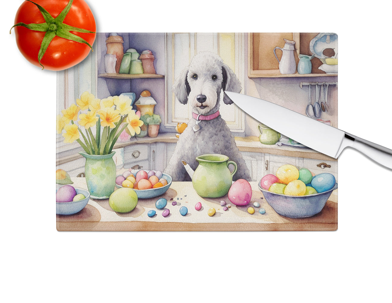 Decorating Easter Bedlington Terrier Glass Cutting Board