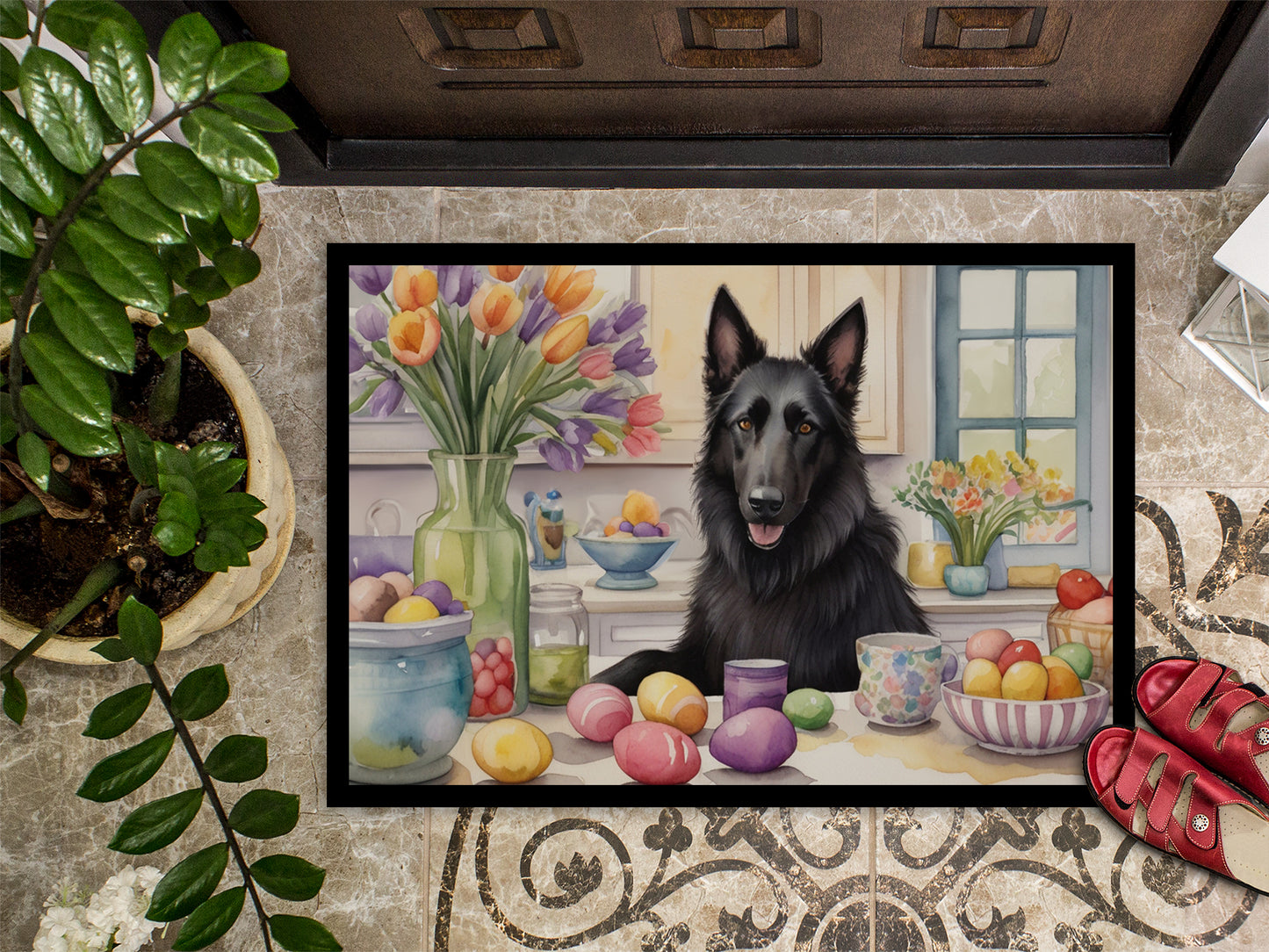 Decorating Easter Belgian Sheepdog Doormat