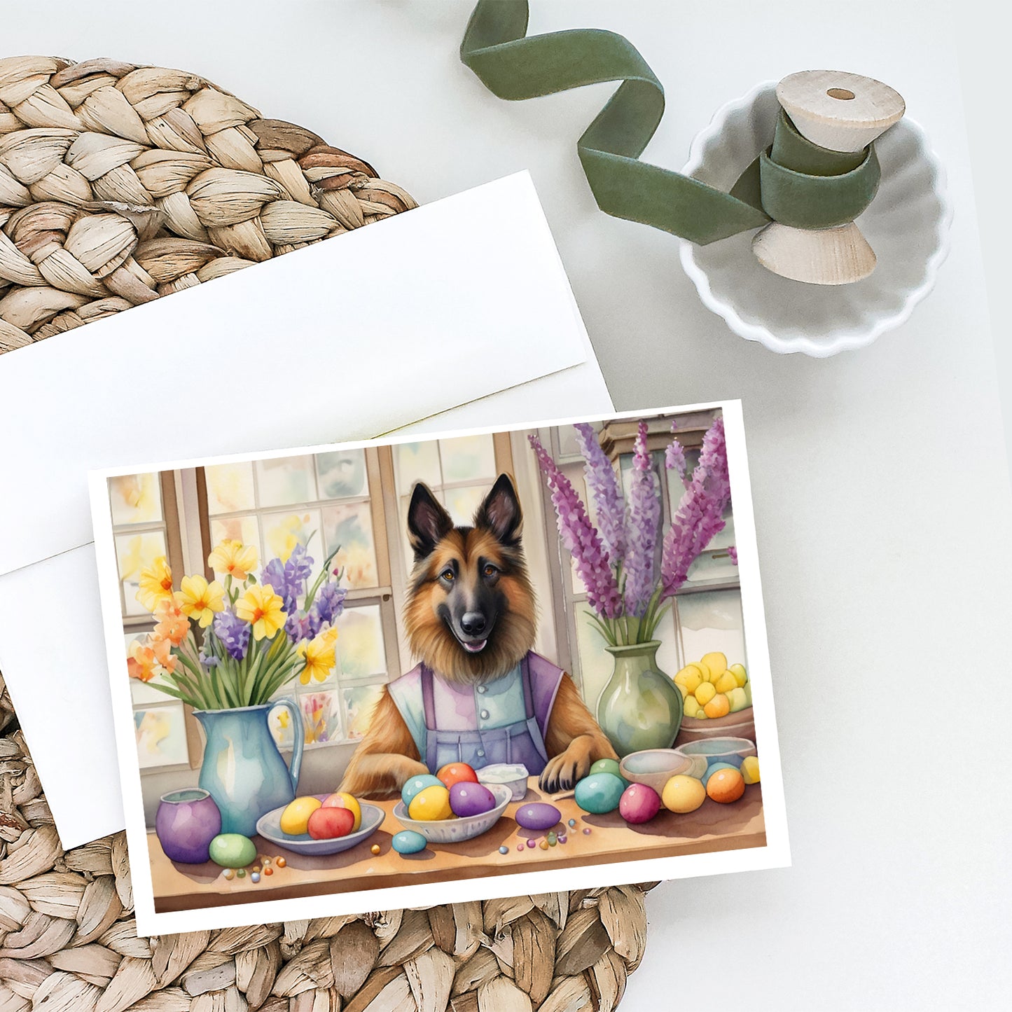 Decorating Easter Belgian Tervuren Greeting Cards Pack of 8