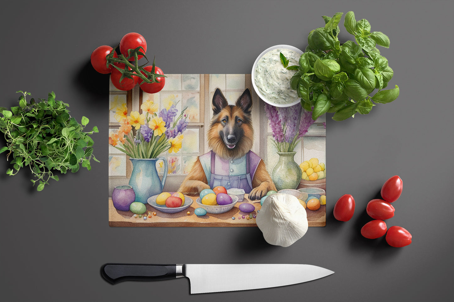 Decorating Easter Belgian Tervuren Glass Cutting Board