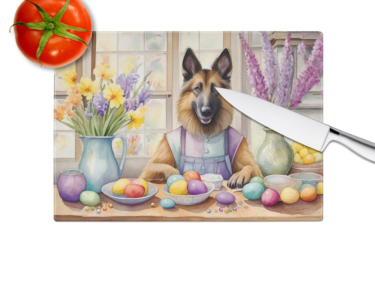 Decorating Easter Belgian Tervuren Glass Cutting Board