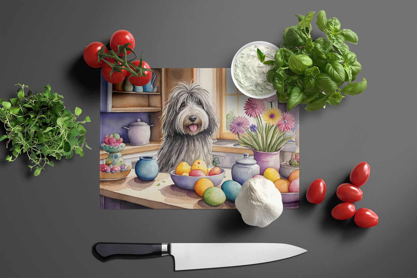 Decorating Easter Bergamasco Sheepdog Glass Cutting Board