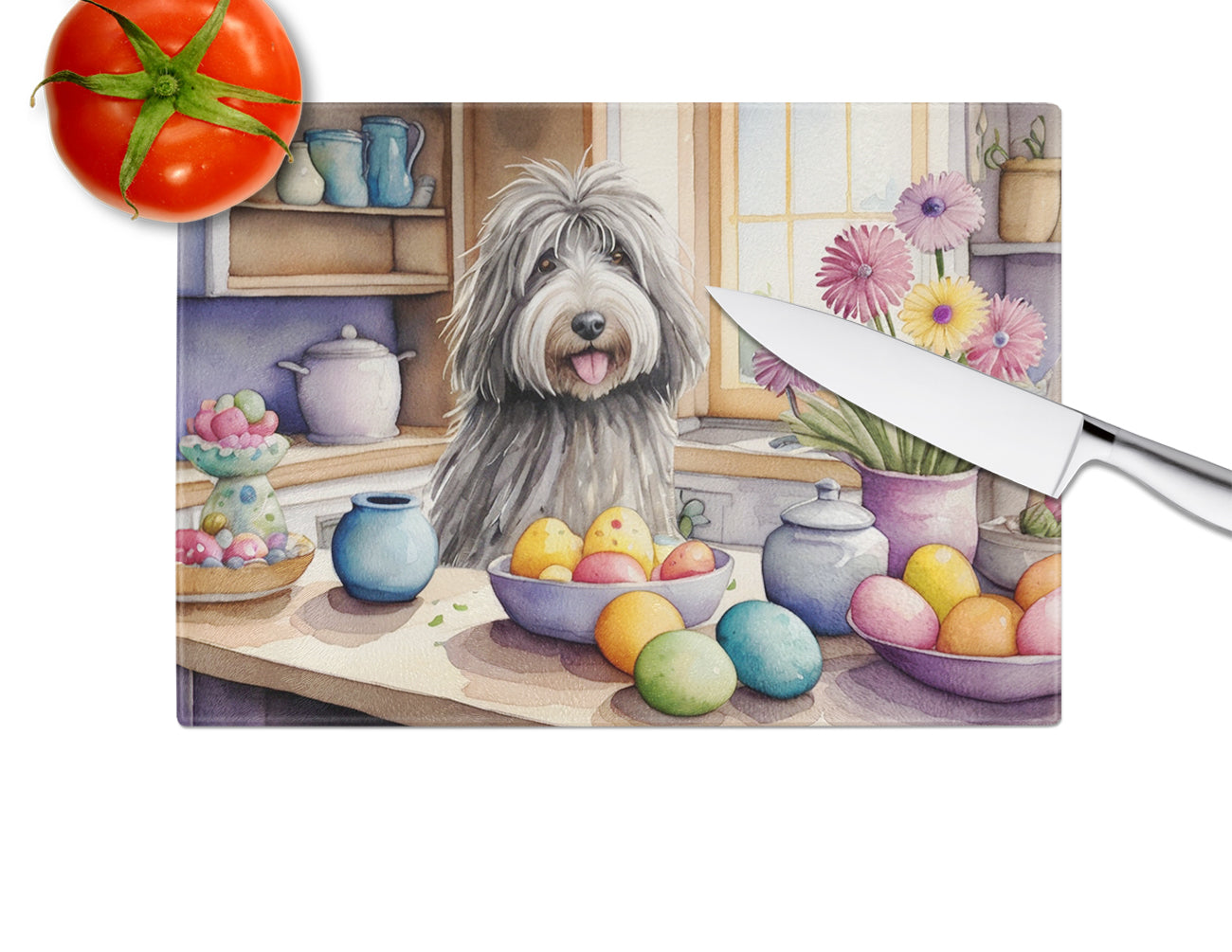 Decorating Easter Bergamasco Sheepdog Glass Cutting Board