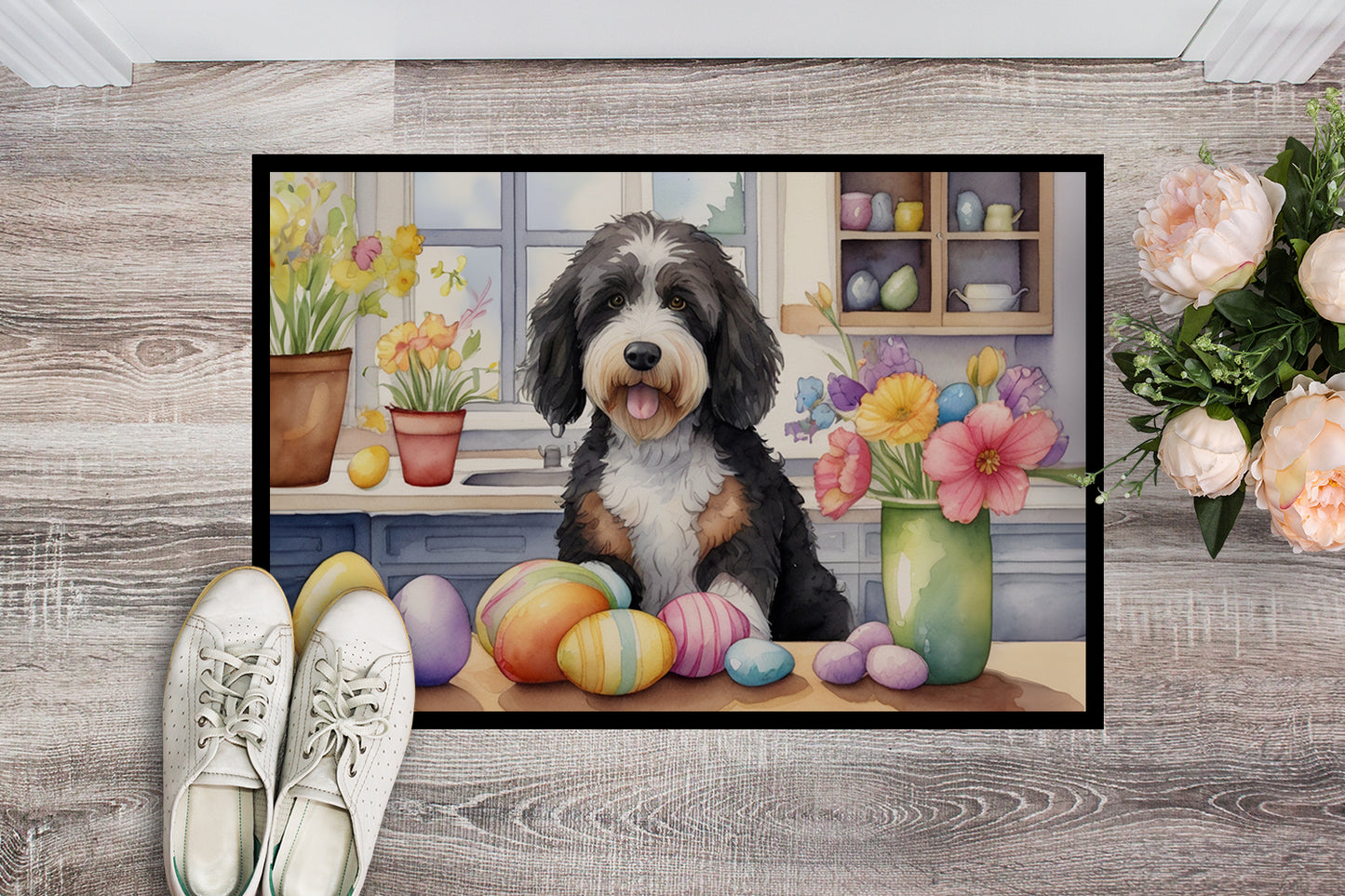 Decorating Easter Bernedoodle Doormat