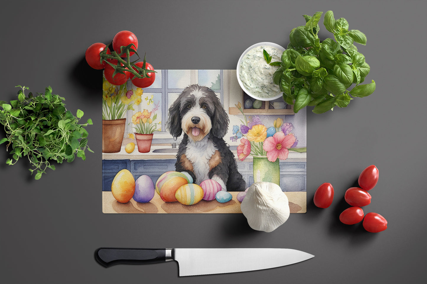 Decorating Easter Bernedoodle Glass Cutting Board