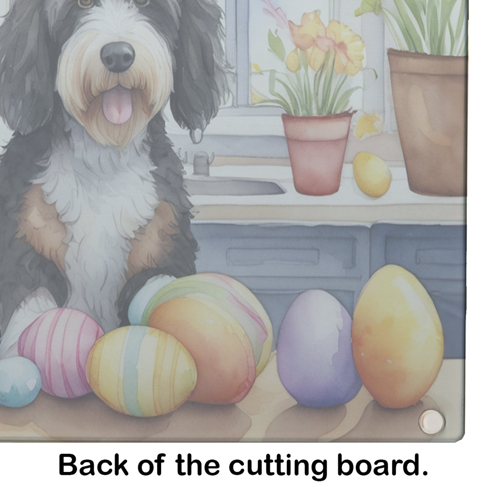 Decorating Easter Bernedoodle Glass Cutting Board