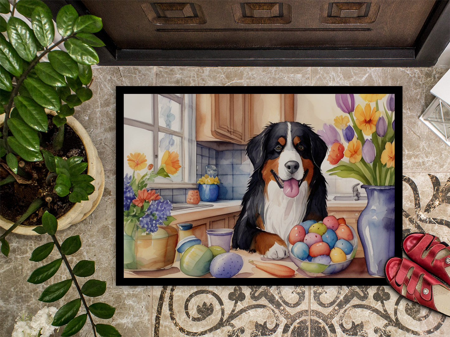 Decorating Easter Bernese Mountain Dog Doormat