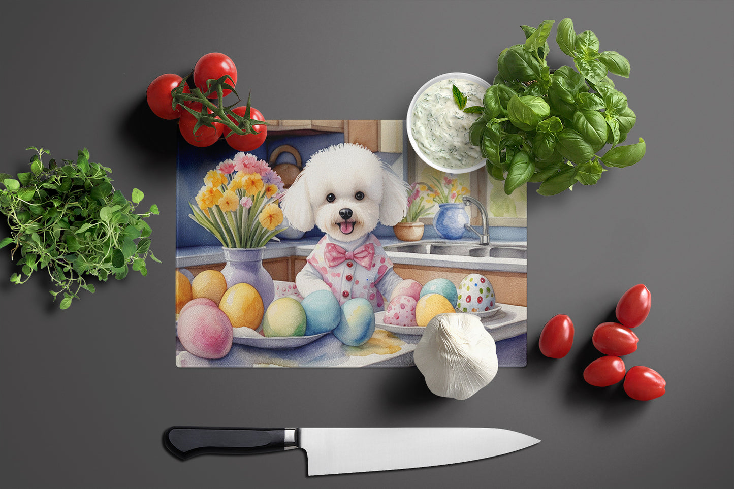 Decorating Easter Bichon Frise Glass Cutting Board