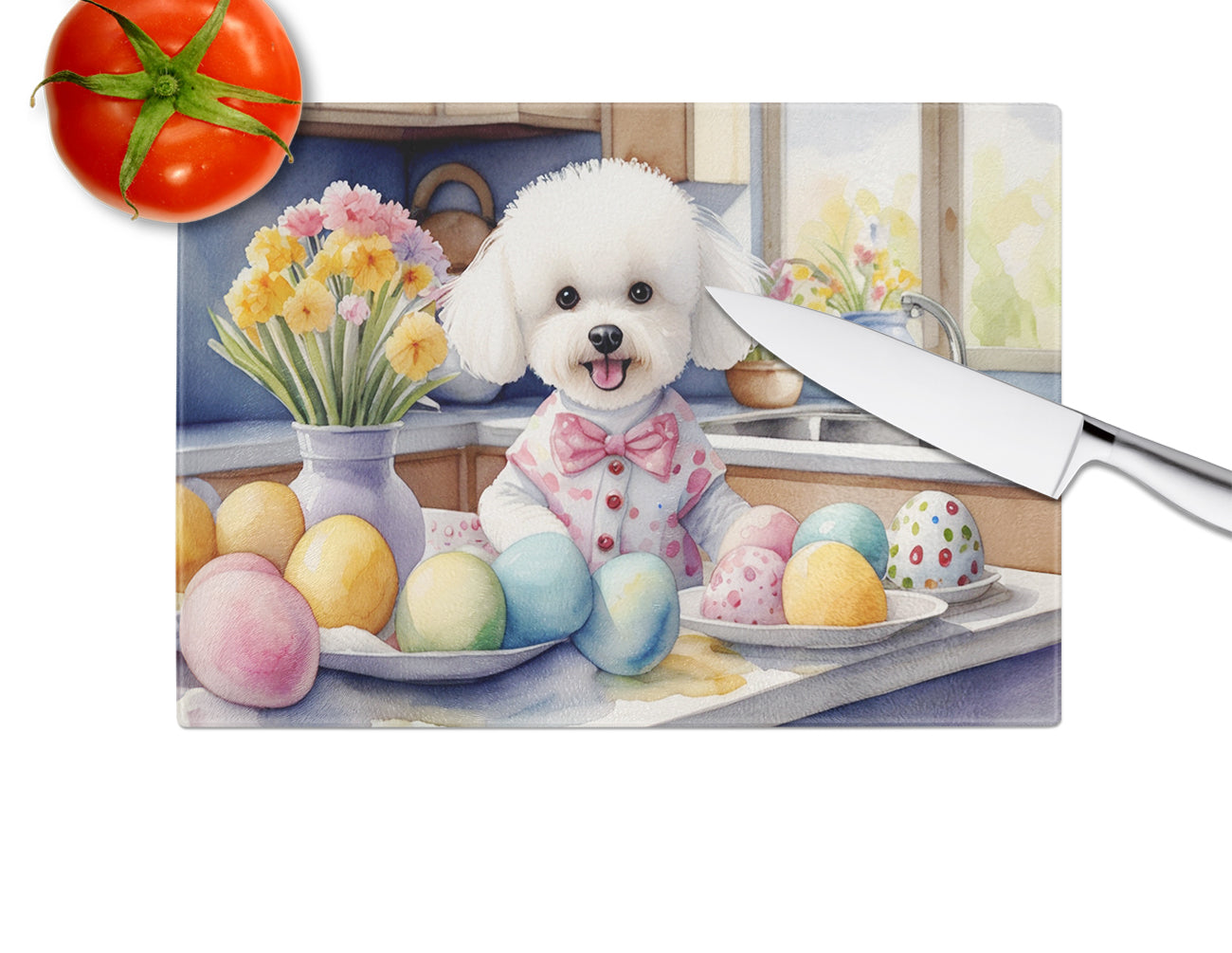 Decorating Easter Bichon Frise Glass Cutting Board