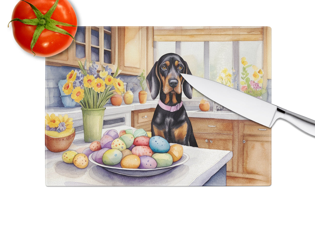 Decorating Easter Black and Tan Coonhound Glass Cutting Board