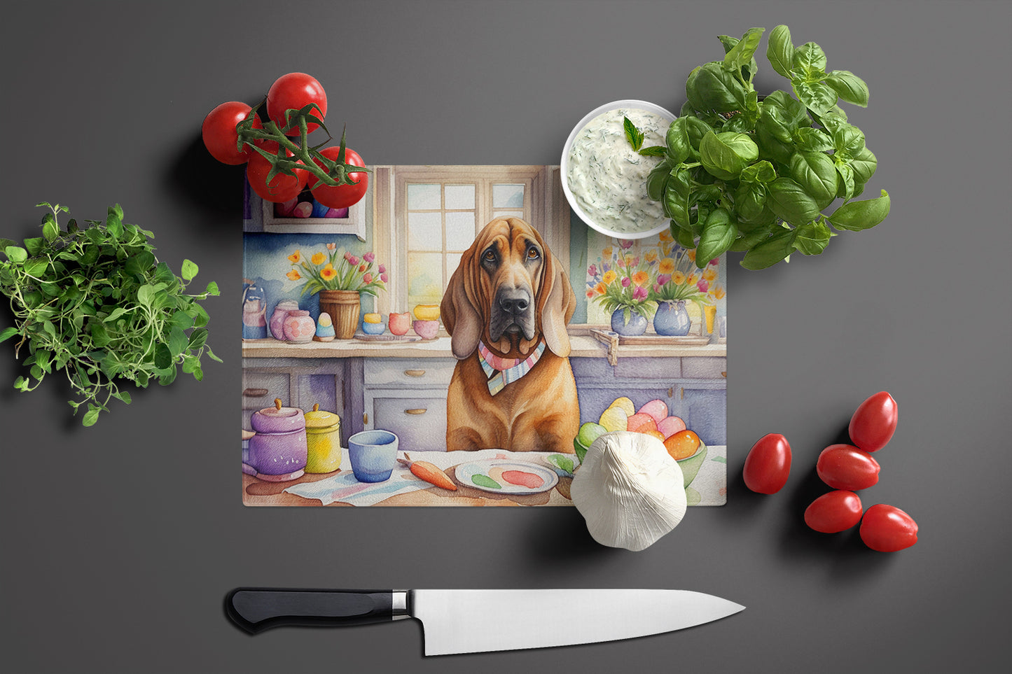 Decorating Easter Bloodhound Glass Cutting Board