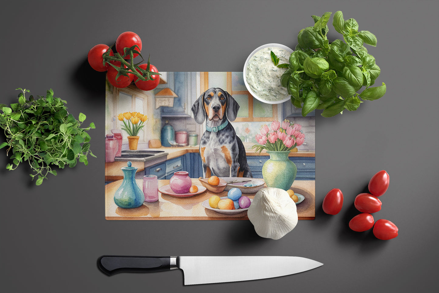 Decorating Easter Bluetick Coonhound Glass Cutting Board