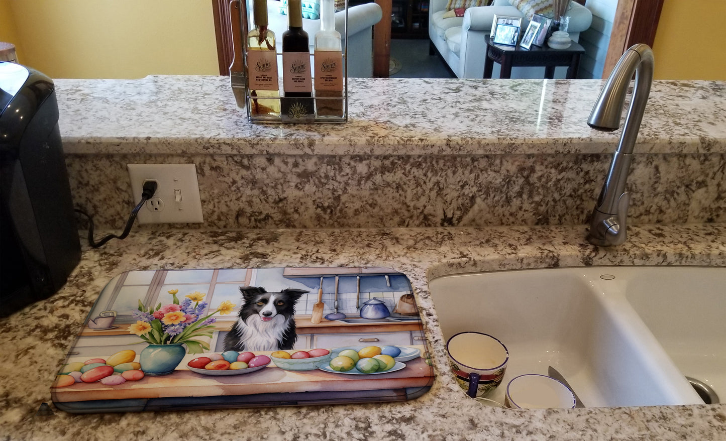 Decorating Easter Border Collie Dish Drying Mat