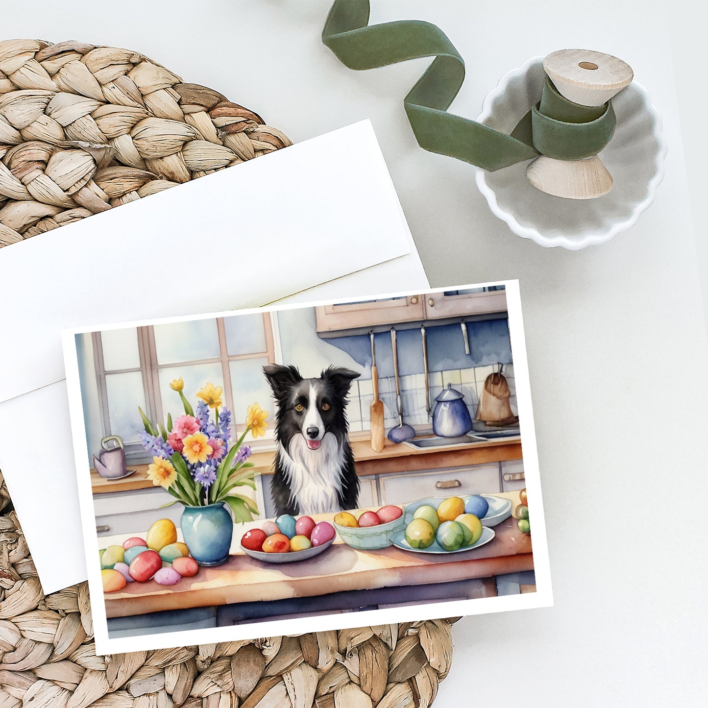 Decorating Easter Border Collie Greeting Cards Pack of 8