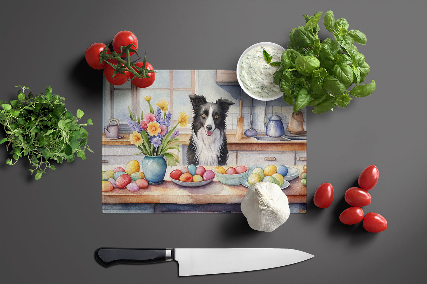 Decorating Easter Border Collie Glass Cutting Board