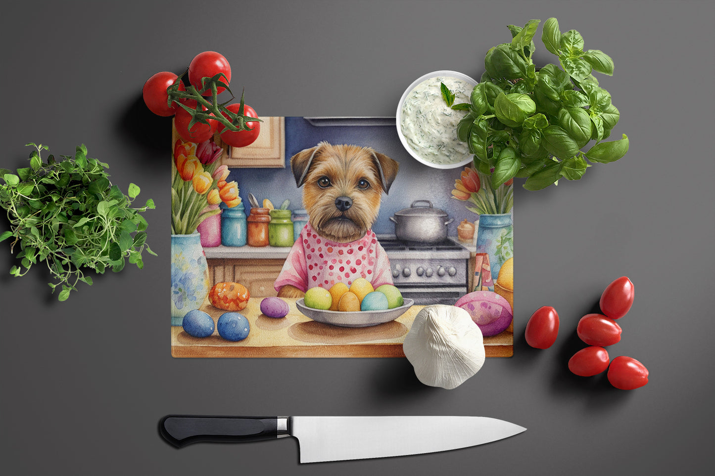 Decorating Easter Border Terrier Glass Cutting Board